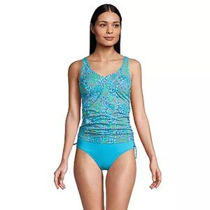 Lands End Women's 6 Long Adjustable V-neck Underwire Tankini Top Blue Floral